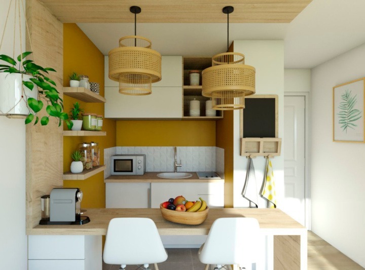small boho kitchen with yellow touches