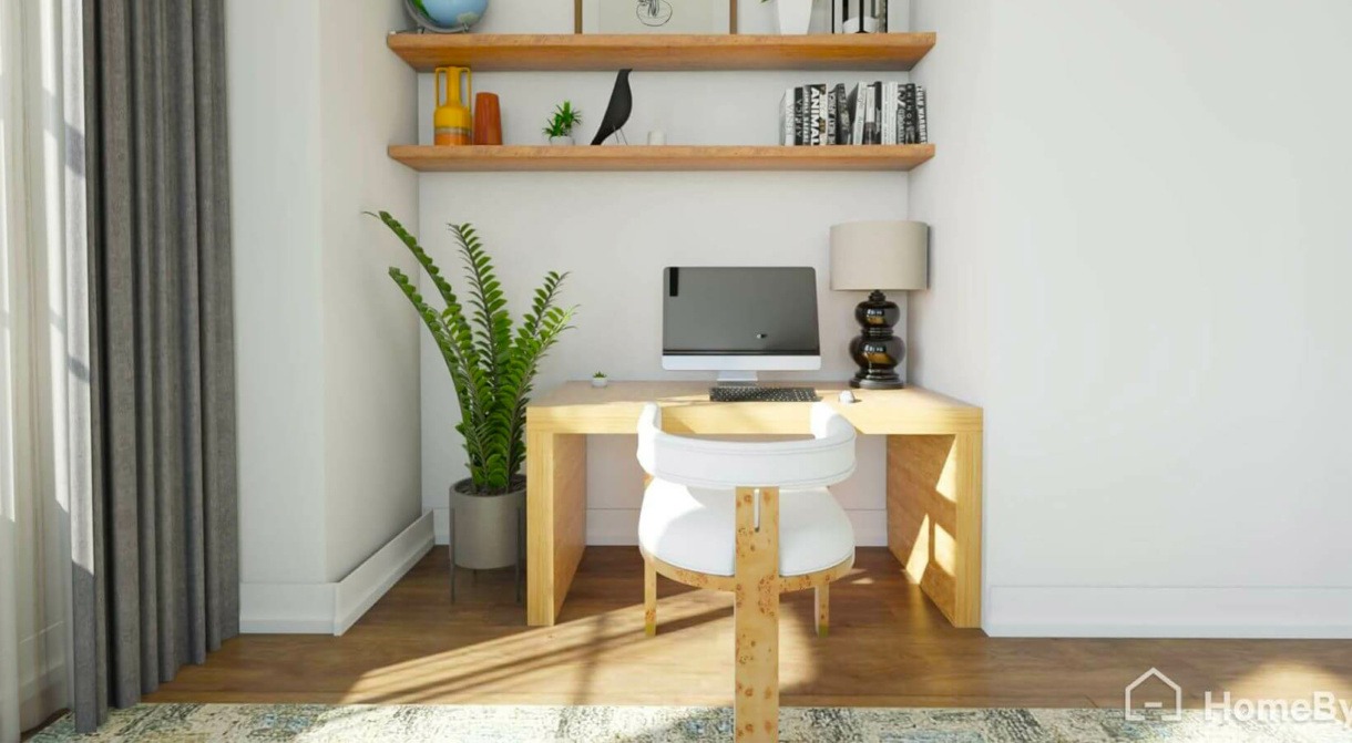 Nice wooden desk in a home office area, made with 3DByMe