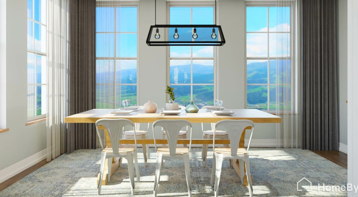 Farmhouse wooden table in a beautiful dining room