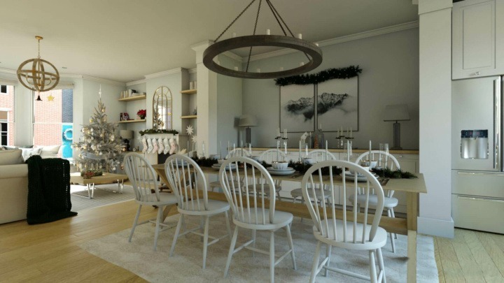 Dining and living room with Christmas decorations