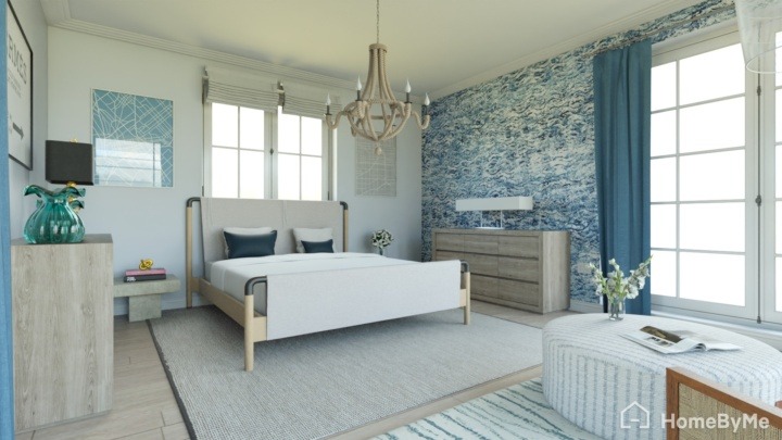 Lovely coastal master bedroom in blue tones