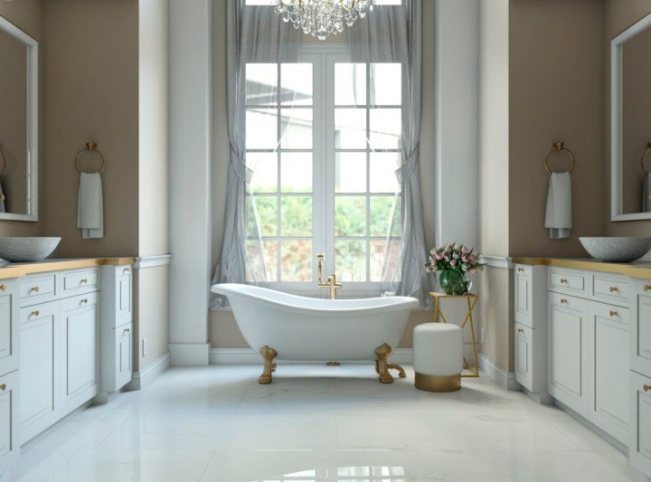 Glam bathroom with a bathtub and a big window