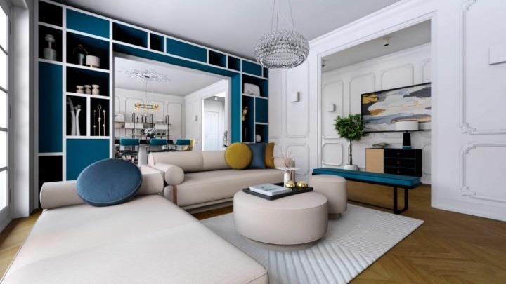 white modern living room with touches of blue and yellow