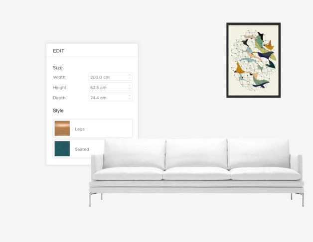 A white sofa with a painting and the editing menu