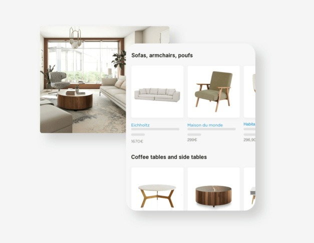 Eischholtz sofa, maison du monde chair and a 3D visuel of a modern living room made on HomeByMe
