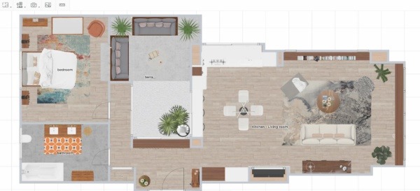 A 2D plan of a mid-century mordern interior design house made on homebyme, containing a living room, a kitchen, a bedroom, a bathroom and a terrasse