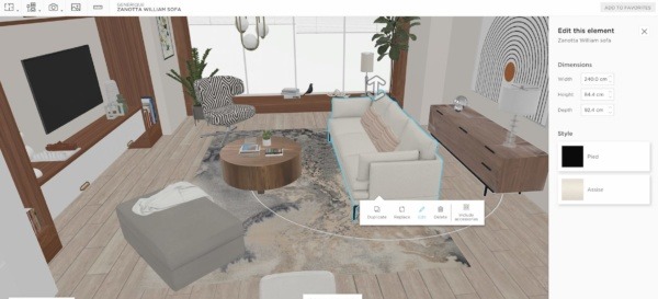 A 3D boho living room modelled in homebyme with bohemian furnitures with an edition pannel