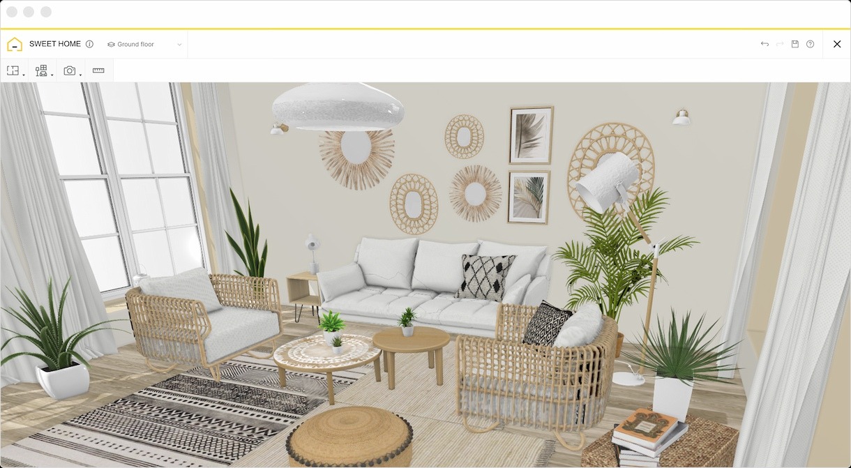 A modelled 3D boho living room in homebyme with bohemian furnitures