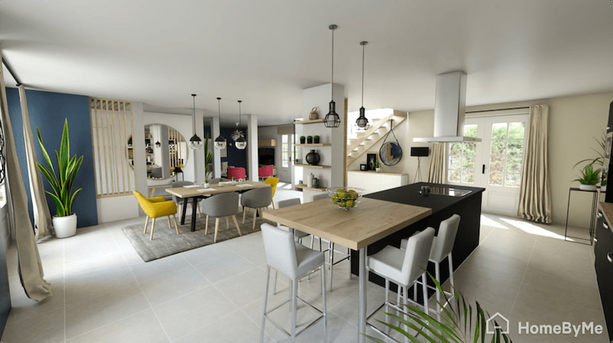 A realistic image of a homebyme 3D Scandinavian kitchen and a living room