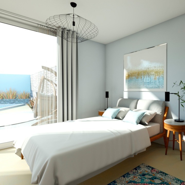A mid-century modern bedroom with a bay window