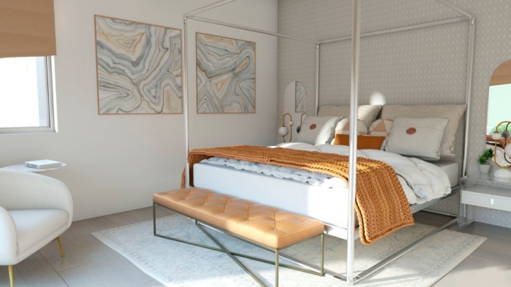white minimalist bedroom with brown touches
