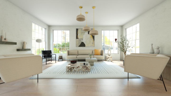 white minimalist living room with a modern painting and a marble coffee table