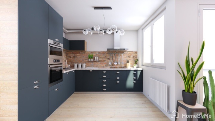 Industrial black kitchen with visible pipes