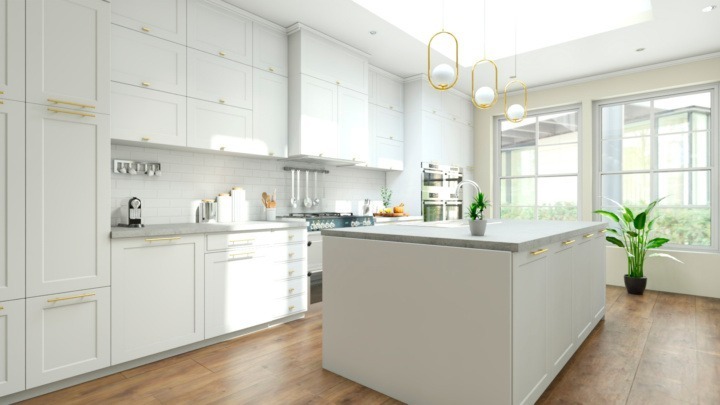 White modern kitchen with an island and wood floor