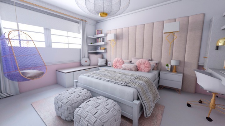 modern pink, creme and purple teen girl bedroom