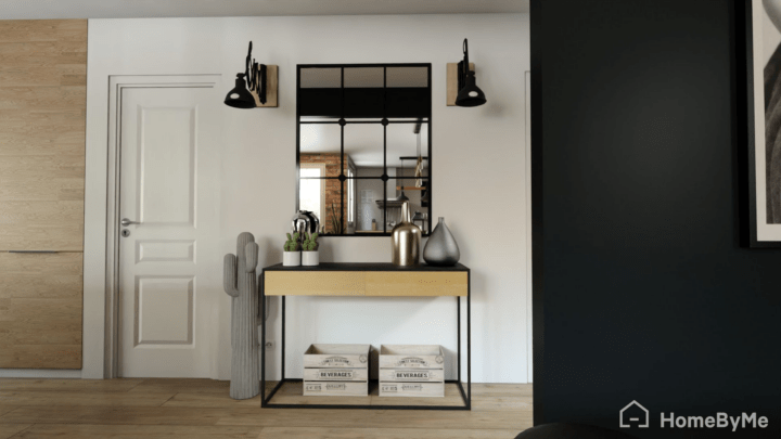 Industial hallway with black and wooden furnitures, industrial decorations and an industrial mirror